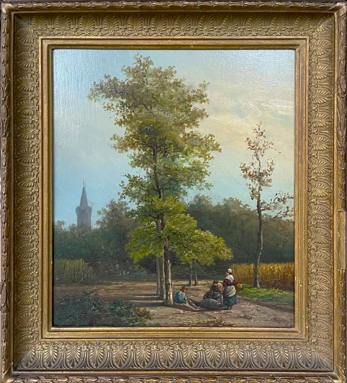 Antique Landscape Oil Painting with Figures resting under a tree 